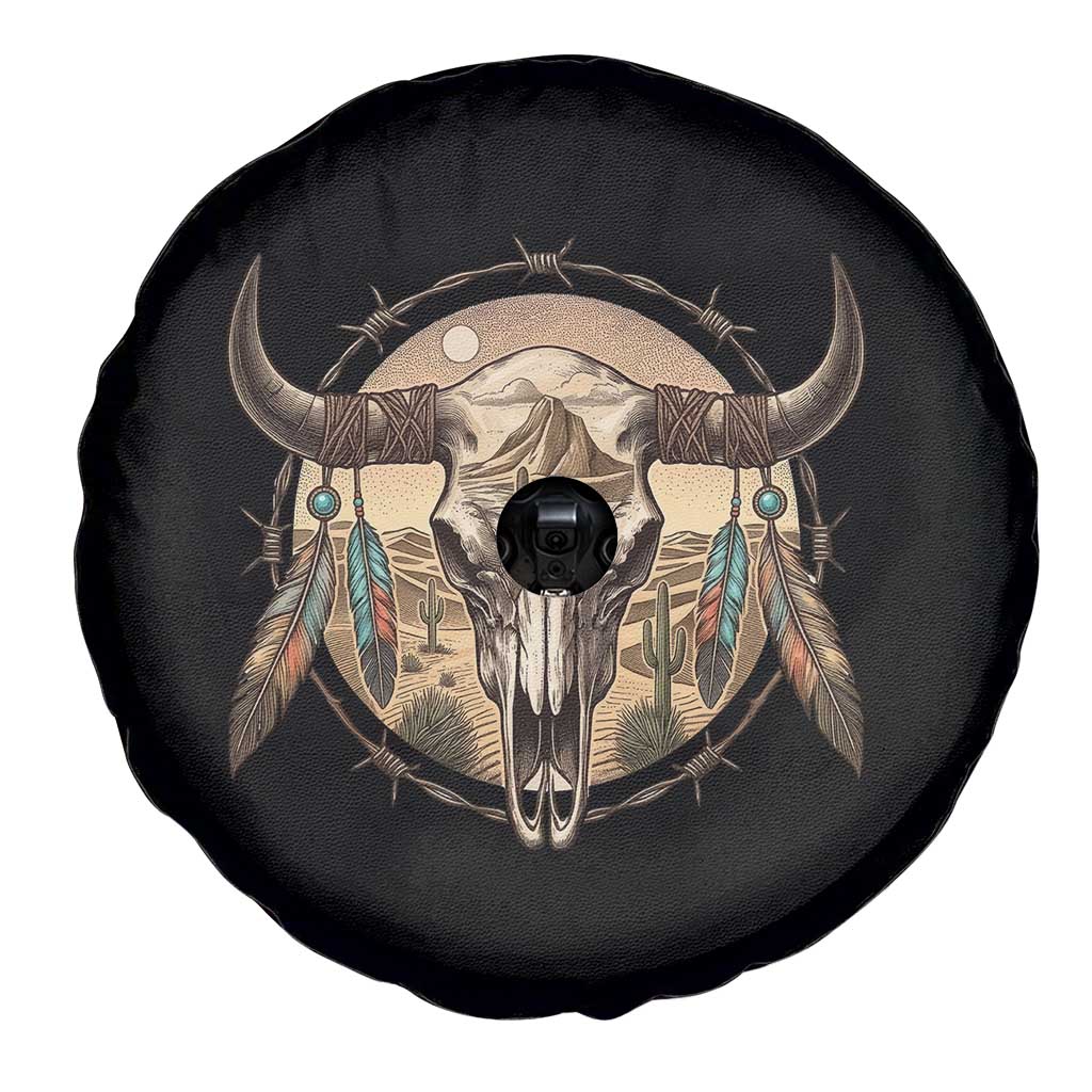 Southwestern Desert Bull Skull Spare Tire Cover Rustic Western Feather Emblem