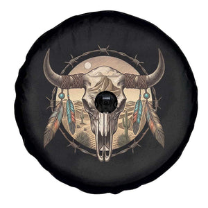Southwestern Desert Bull Skull Spare Tire Cover Rustic Western Feather Emblem