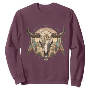 Southwestern Desert Bull Skull Sweatshirt Rustic Western Feather Emblem