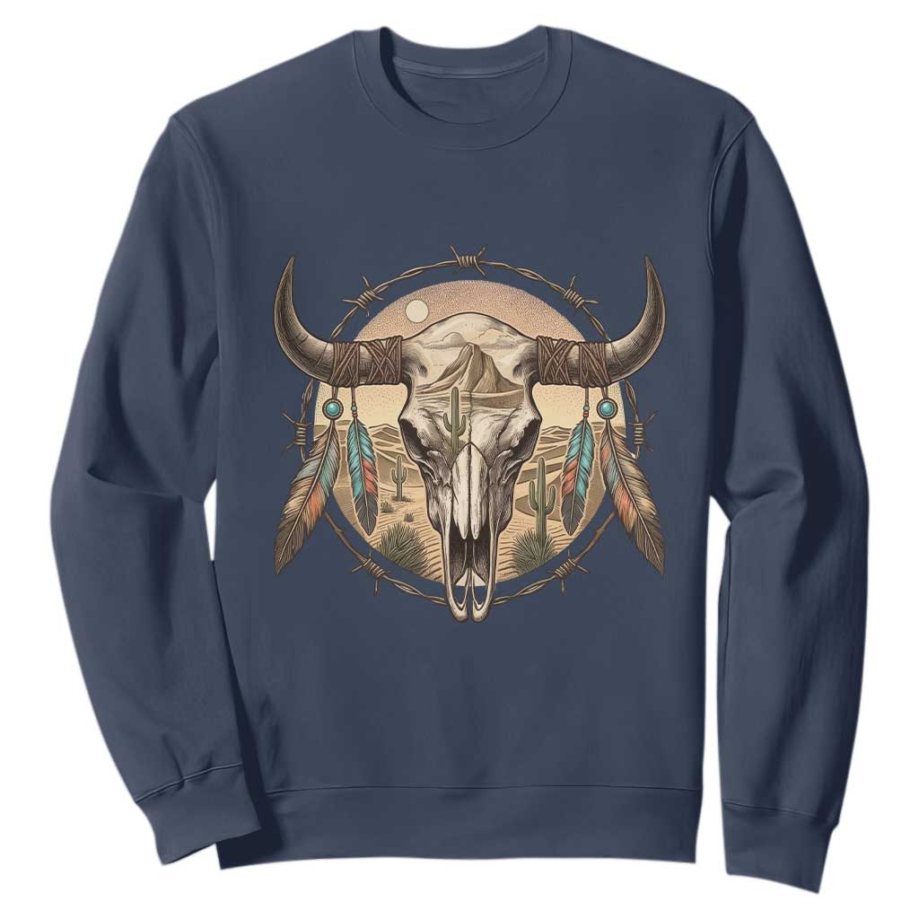 Southwestern Desert Bull Skull Sweatshirt Rustic Western Feather Emblem