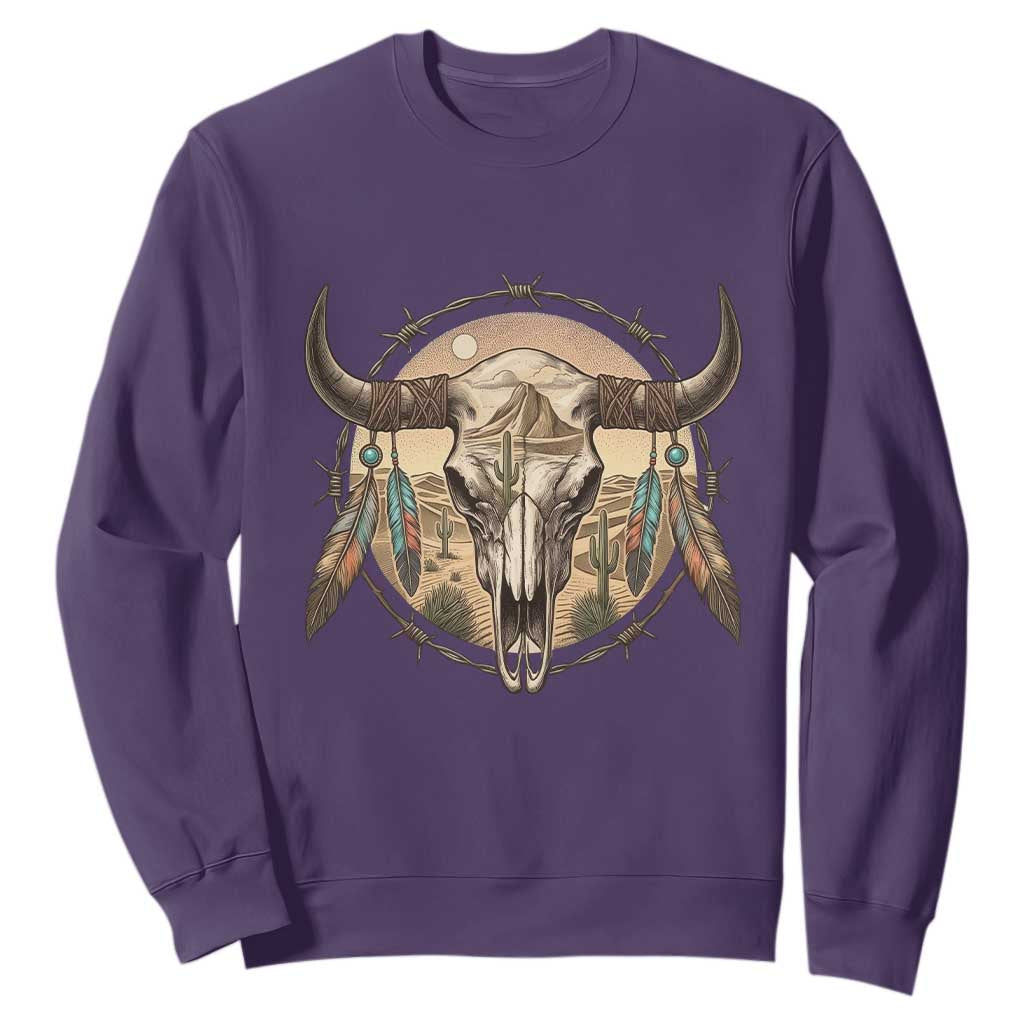 Southwestern Desert Bull Skull Sweatshirt Rustic Western Feather Emblem