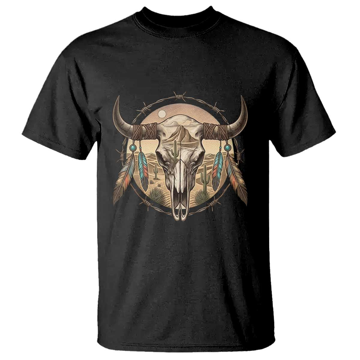 Southwestern Desert Bull Skull T Shirt Rustic Western Feather Emblem