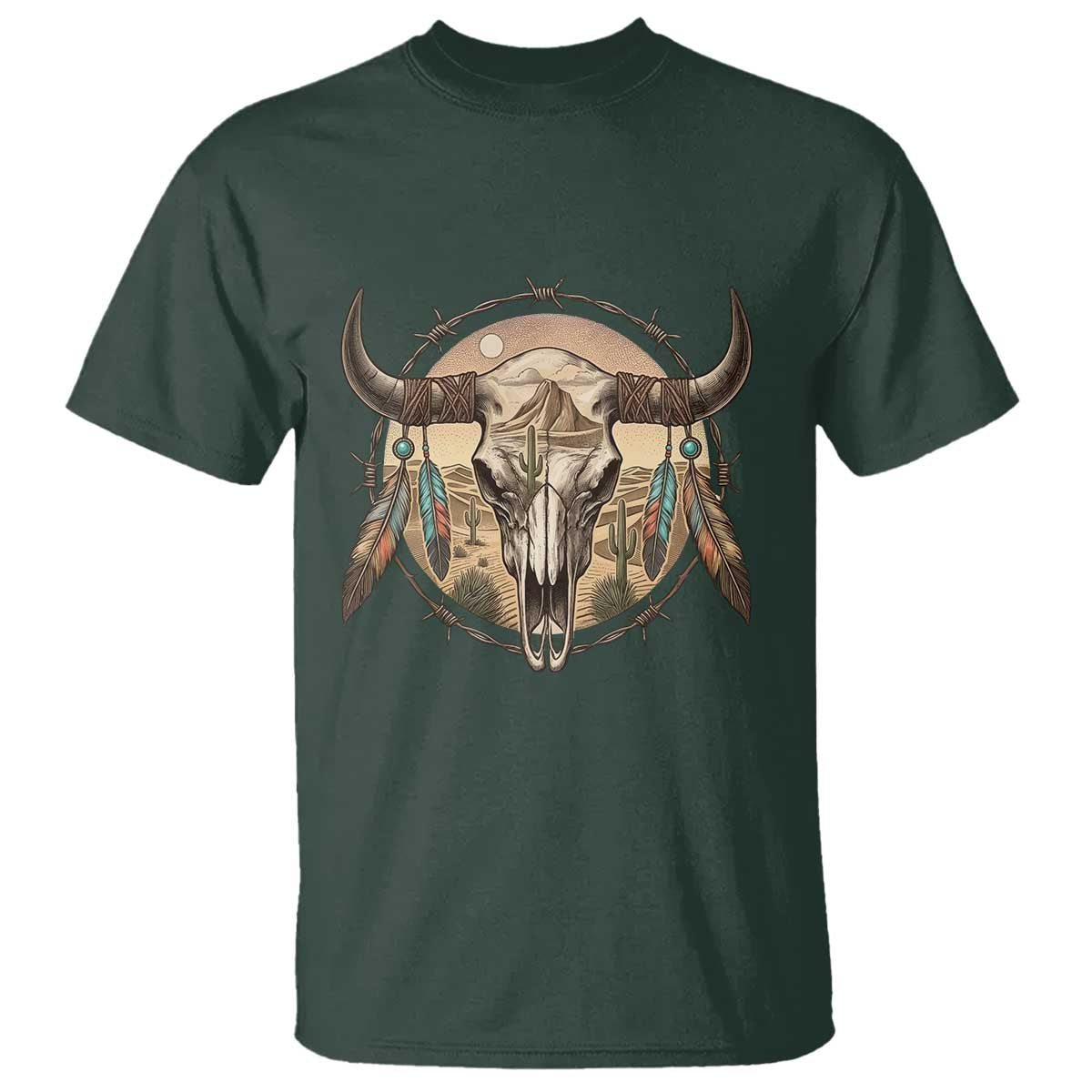 Southwestern Desert Bull Skull T Shirt Rustic Western Feather Emblem