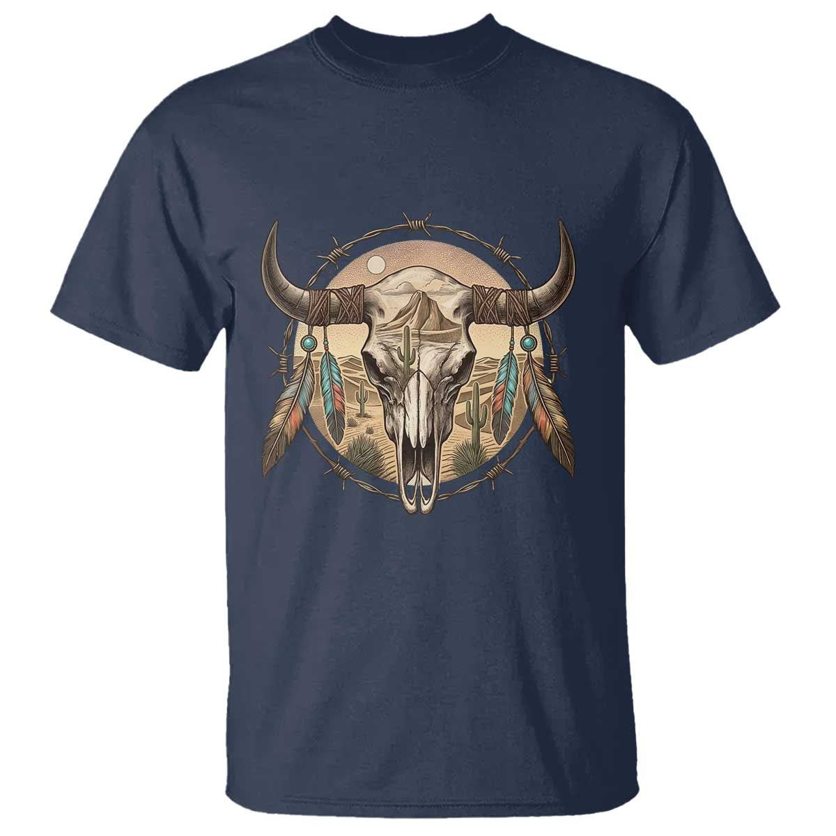 Southwestern Desert Bull Skull T Shirt Rustic Western Feather Emblem