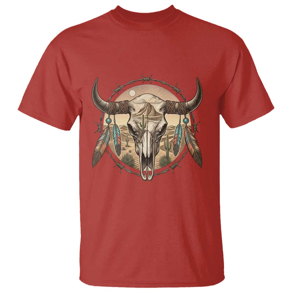 Southwestern Desert Bull Skull T Shirt Rustic Western Feather Emblem