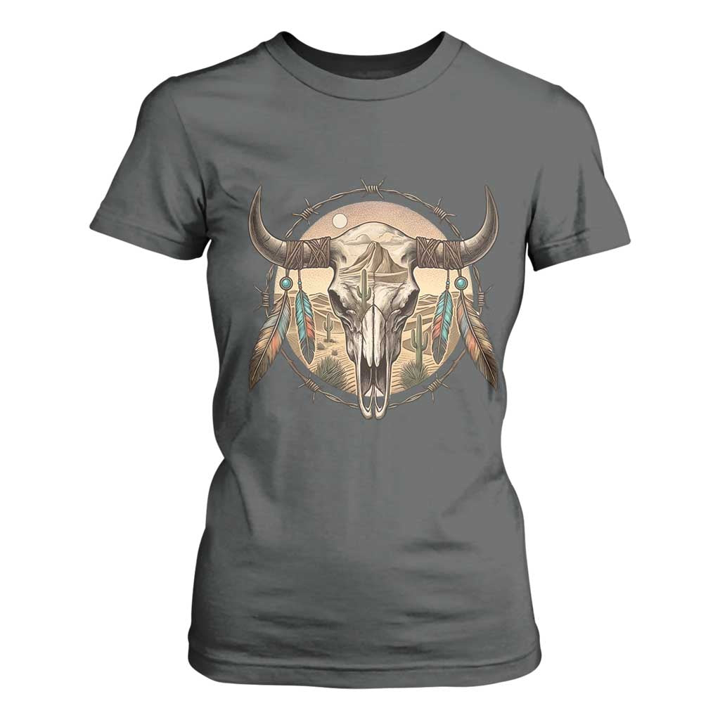 Southwestern Desert Bull Skull T Shirt For Women Rustic Western Feather Emblem