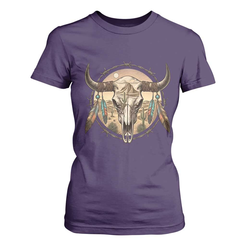 Southwestern Desert Bull Skull T Shirt For Women Rustic Western Feather Emblem
