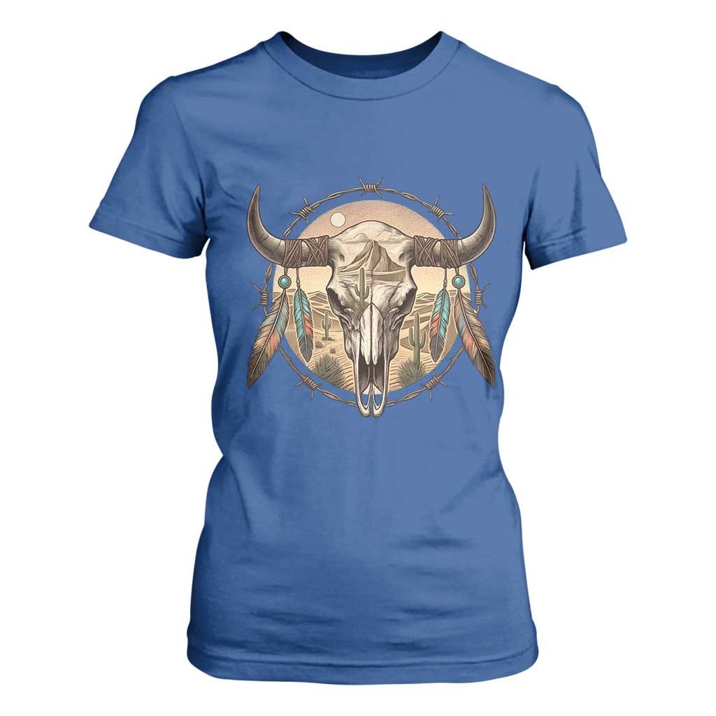 Southwestern Desert Bull Skull T Shirt For Women Rustic Western Feather Emblem