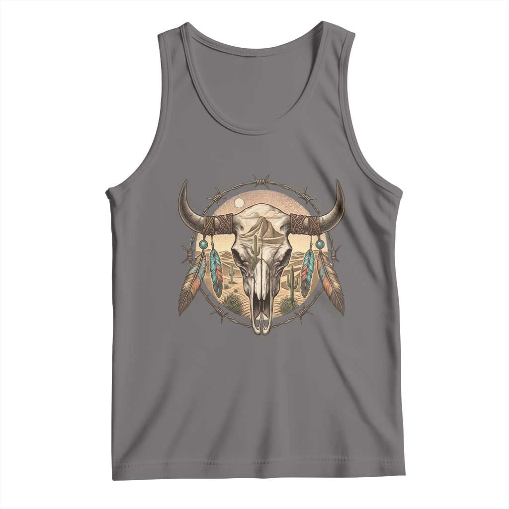 Southwestern Desert Bull Skull Tank Top Rustic Western Feather Emblem