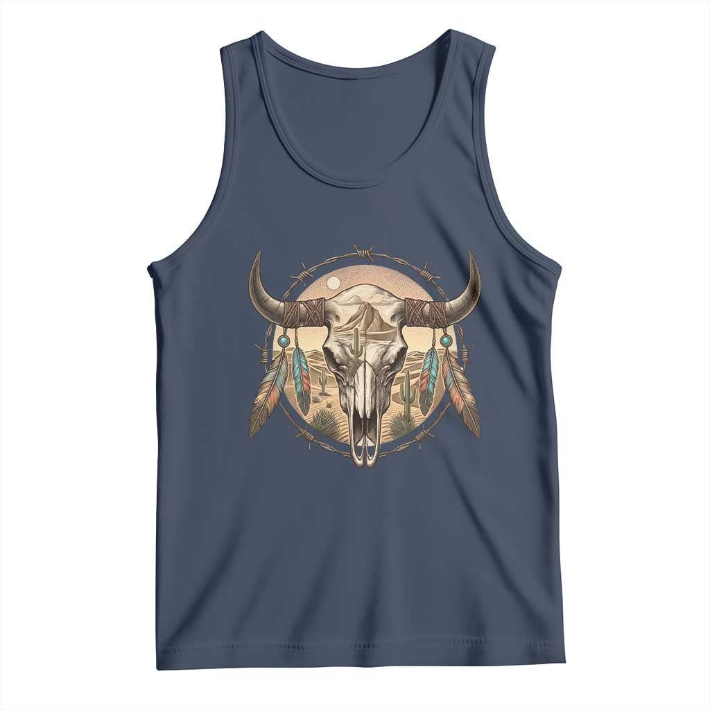 Southwestern Desert Bull Skull Tank Top Rustic Western Feather Emblem