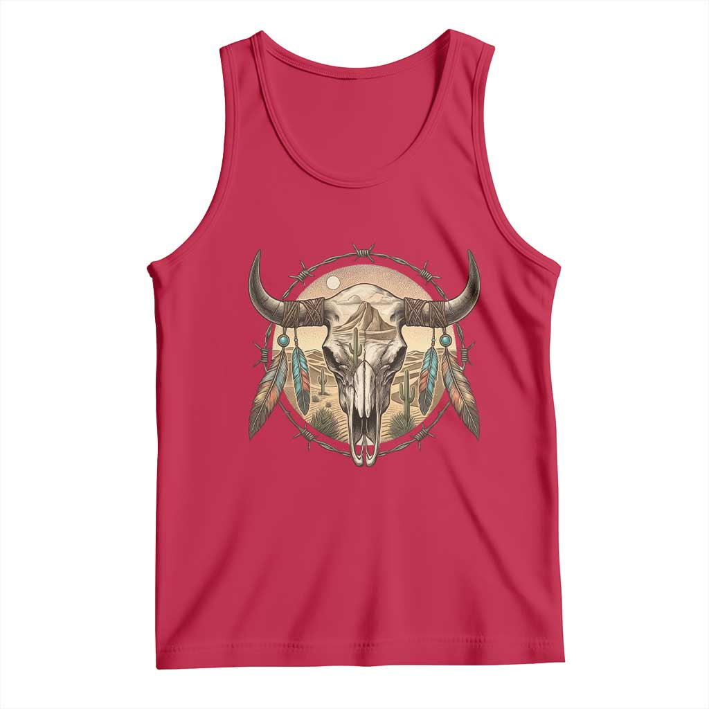 Southwestern Desert Bull Skull Tank Top Rustic Western Feather Emblem