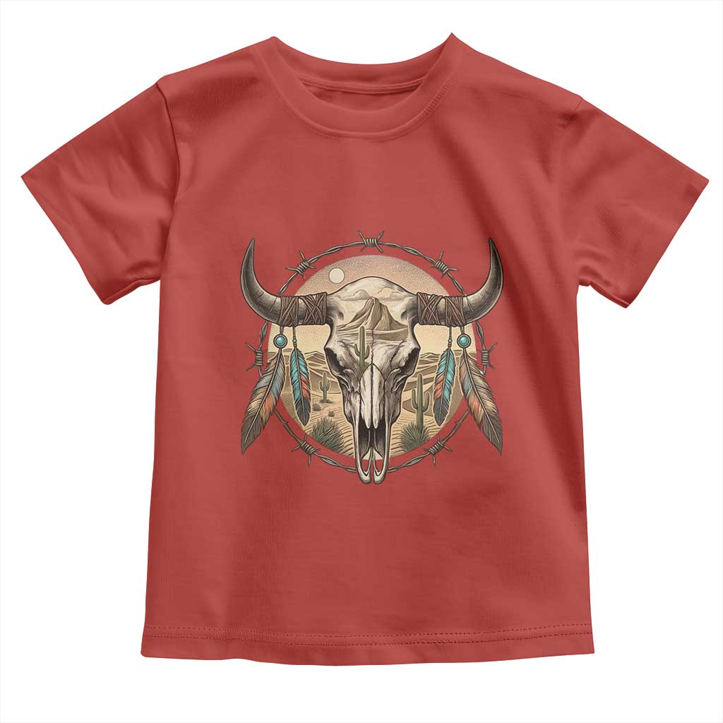 Southwestern Desert Bull Skull Toddler T Shirt Rustic Western Feather Emblem
