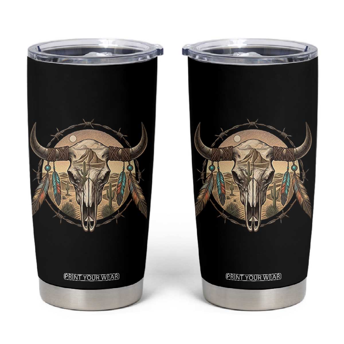 Southwestern Desert Bull Skull Tumbler Cup Rustic Western Feather Emblem TS12 Black Print Your Wear