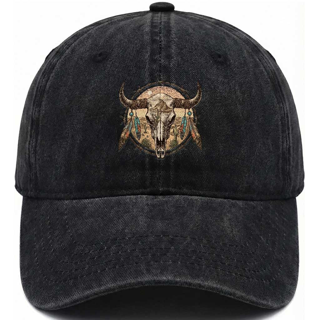 Southwestern Desert Bull Skull Washed Cotton Baseball Cap Rustic Western Feather Emblem TS12 Print Your Wear
