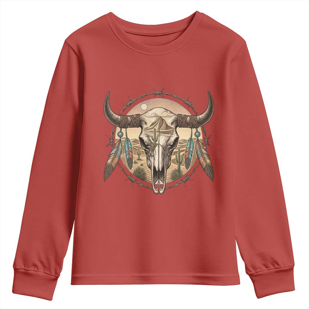 Southwestern Desert Bull Skull Youth Sweatshirt Rustic Western Feather Emblem