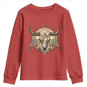 Southwestern Desert Bull Skull Youth Sweatshirt Rustic Western Feather Emblem