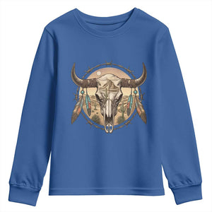 Southwestern Desert Bull Skull Youth Sweatshirt Rustic Western Feather Emblem