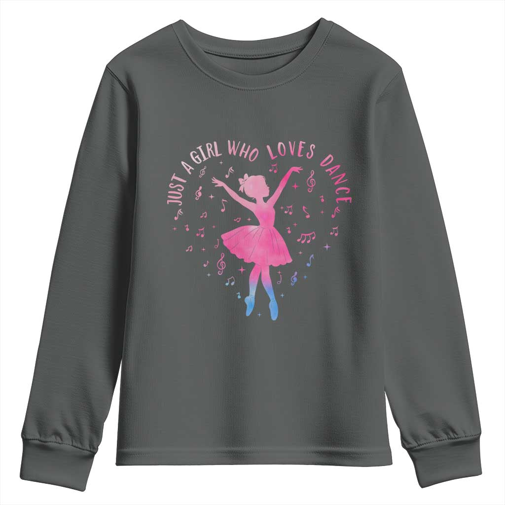 Just A Girl Who Loves Dance Youth Sweatshirt Gift For Cute Ballet Girl TS12 Dark Heather Print Your Wear