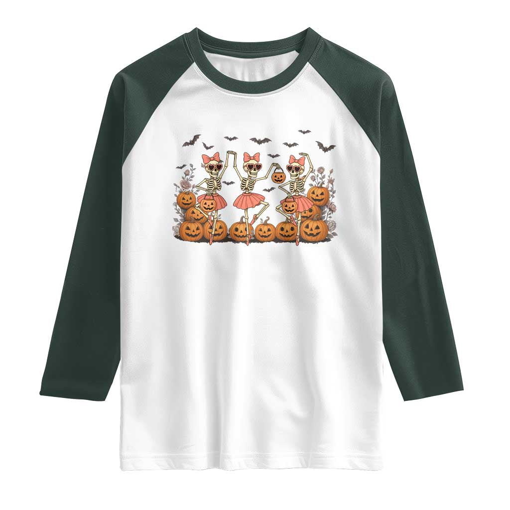 Funny Halloween Skeleton Dance Raglan Shirt Gift For Ballet Lover TS12 White Dark Forest Green Print Your Wear