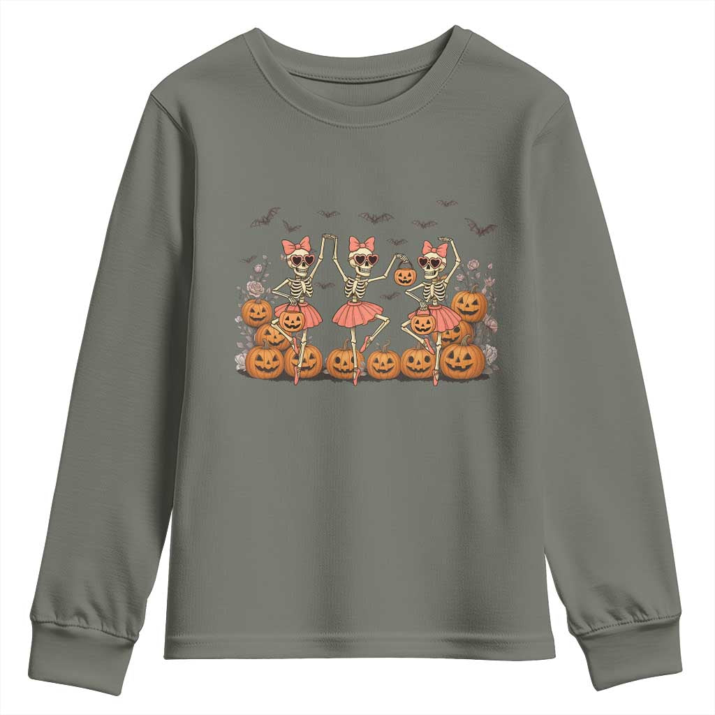 Funny Halloween Skeleton Dance Youth Sweatshirt Gift For Ballet Lover TS12 Military Green Print Your Wear