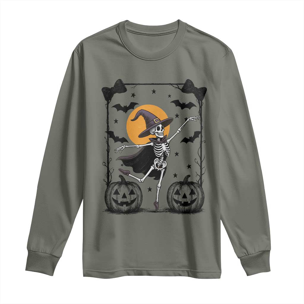Funny Skeleton Witches Dance Ballet Long Sleeve Shirt Halloween Gift TS12 Military Green Print Your Wear