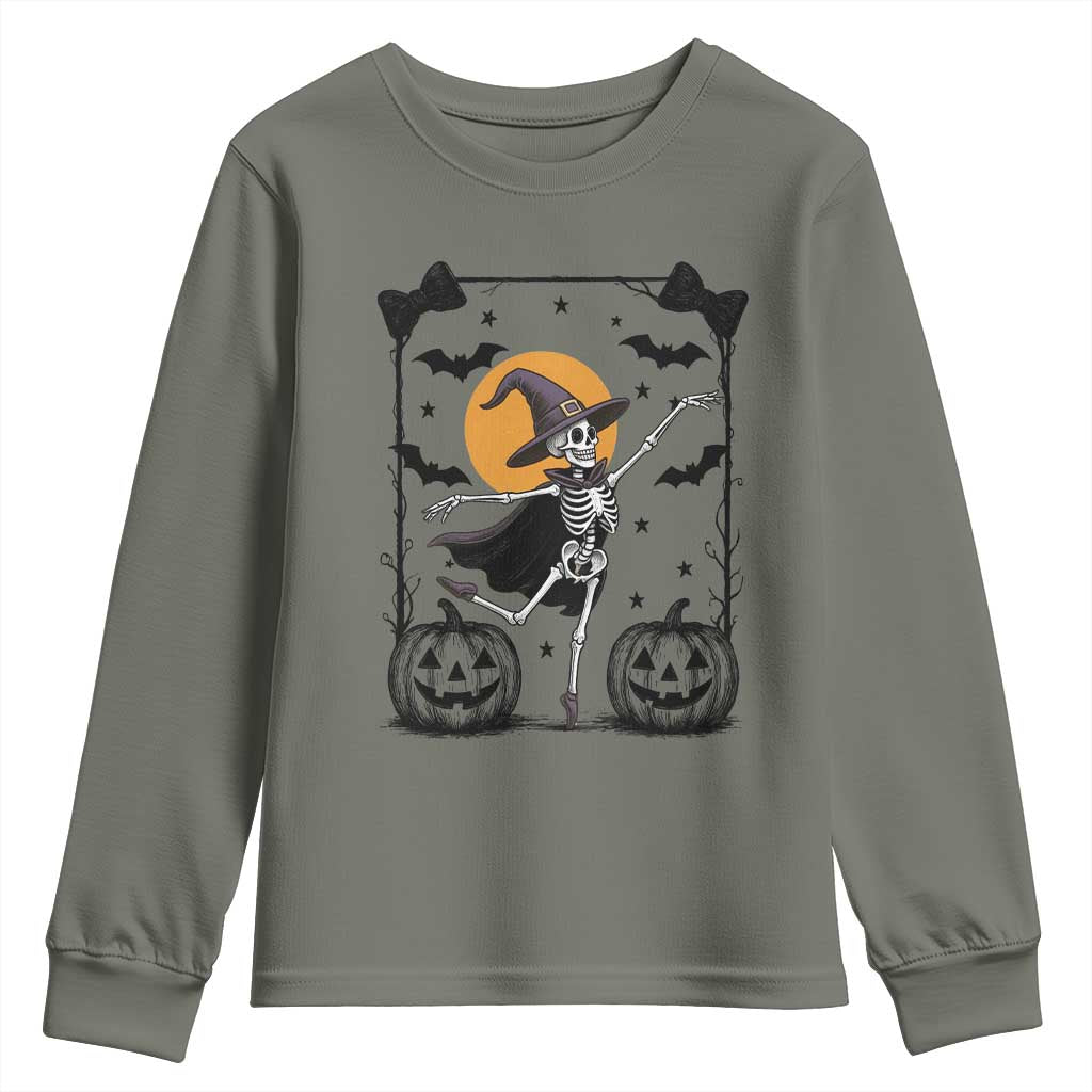 Funny Skeleton Witches Dance Ballet Youth Sweatshirt Halloween Gift TS12 Military Green Print Your Wear