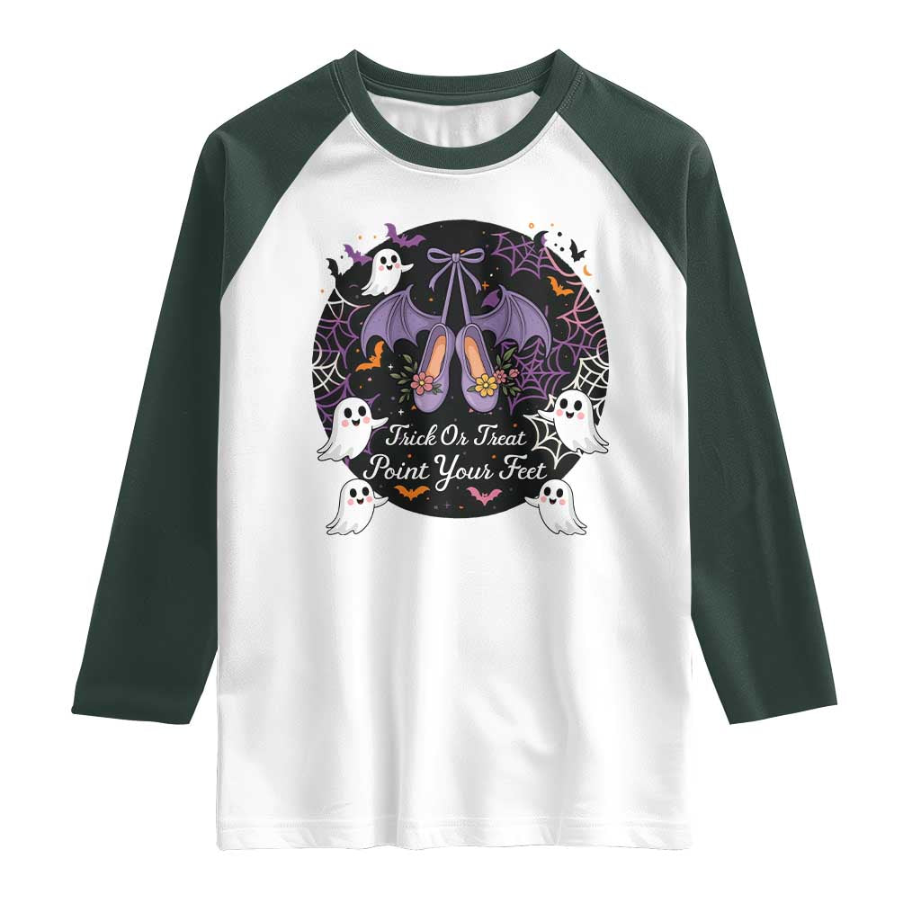 Trick Or Treat Point Your Feet Raglan Shirt Funny Halloween Ballet Gift TS12 White Dark Forest Green Print Your Wear