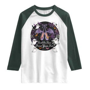Trick Or Treat Point Your Feet Raglan Shirt Funny Halloween Ballet Gift TS12 White Dark Forest Green Print Your Wear