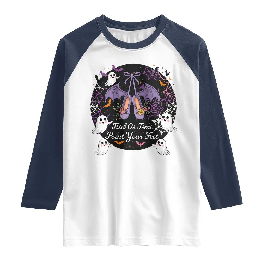 Trick Or Treat Point Your Feet Raglan Shirt Funny Halloween Ballet Gift TS12 White Navy Print Your Wear