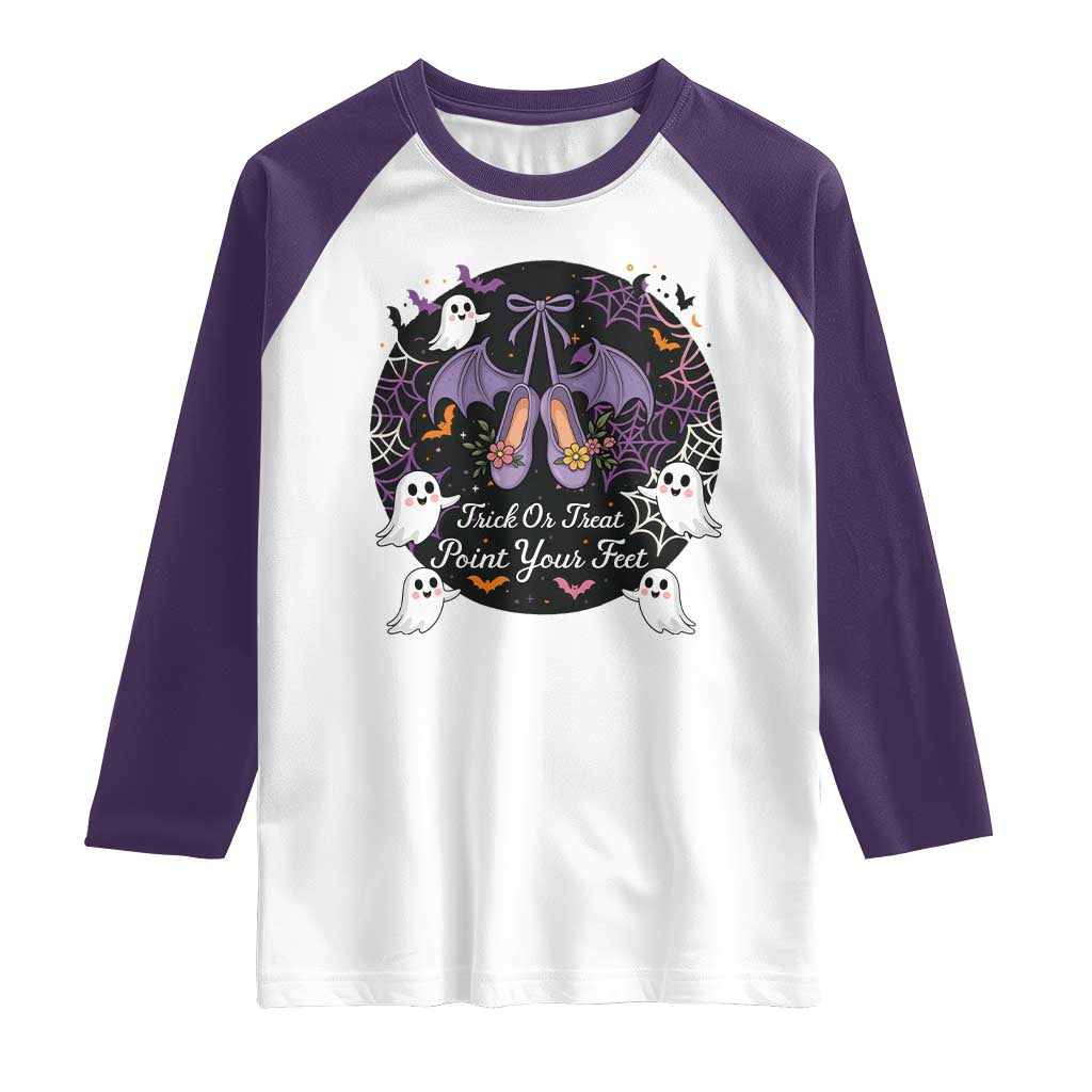 Trick Or Treat Point Your Feet Raglan Shirt Funny Halloween Ballet Gift TS12 White Purple Print Your Wear