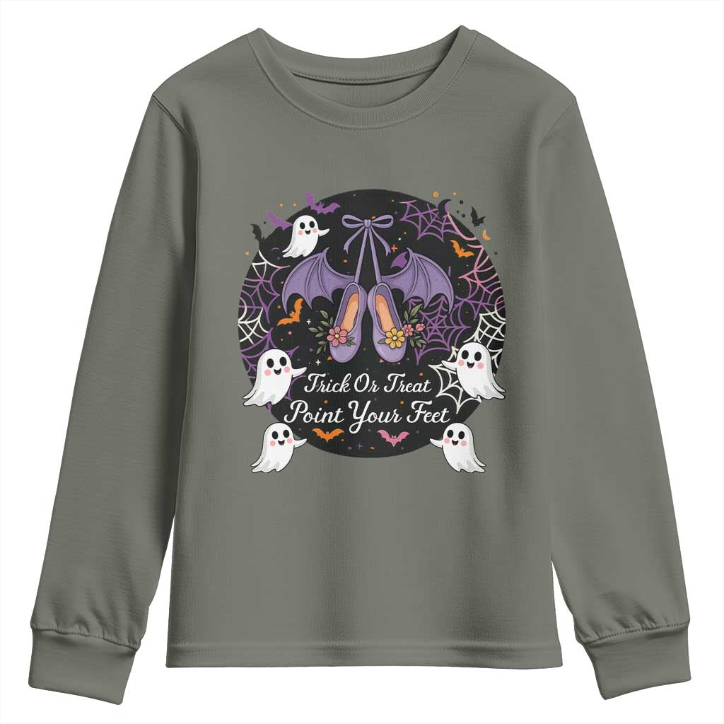 Trick Or Treat Point Your Feet Youth Sweatshirt Funny Halloween Ballet Gift TS12 Military Green Print Your Wear