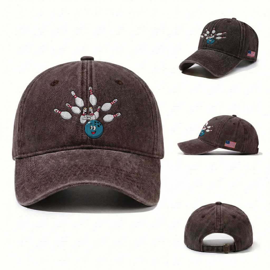 Funny Sport Bowler Gift Washed Cotton Baseball Cap Bowling Ball Chasing Pins TS12 Washed Cap Universal Fit Dark Brown Print Your Wear