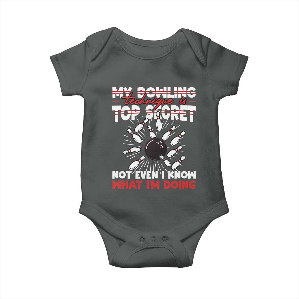 My Bowling Technique Is Top Secret Baby Onesie Funny Bowler Gift TS12 Dark Heather Print Your Wear