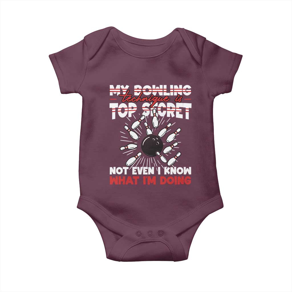 My Bowling Technique Is Top Secret Baby Onesie Funny Bowler Gift TS12 Maroon Print Your Wear