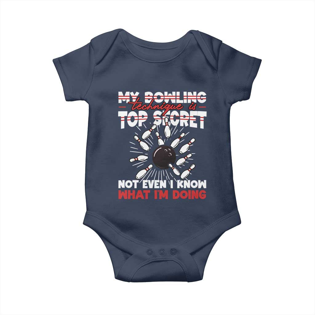 My Bowling Technique Is Top Secret Baby Onesie Funny Bowler Gift TS12 Navy Print Your Wear