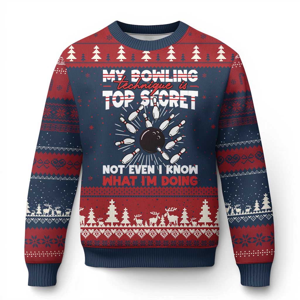 My Bowling Technique Is Top Secret Ugly Christmas Sweater Funny Bowler Gift TS12 Navy Red Print Your Wear