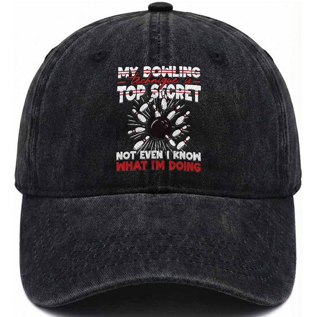 My Bowling Technique Is Top Secret Washed Cotton Baseball Cap Funny Bowler Gift TS12 Print Your Wear