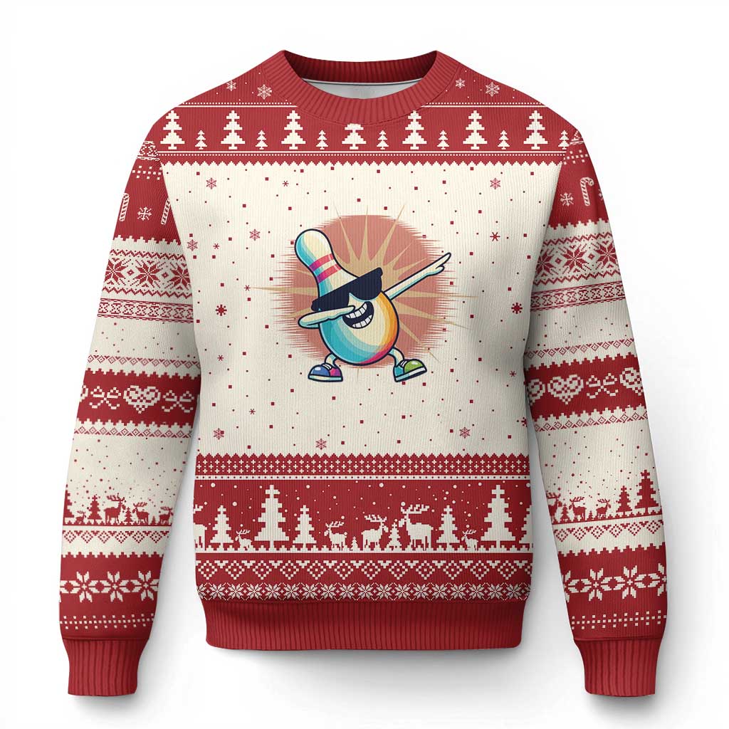 Dabbing Bowling Pin Ugly Christmas Sweater Funny Player Gift TS12 Beige Red Print Your Wear