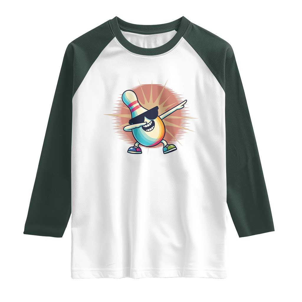 Dabbing Bowling Pin Raglan Shirt Funny Player Gift TS12 White Dark Forest Green Print Your Wear