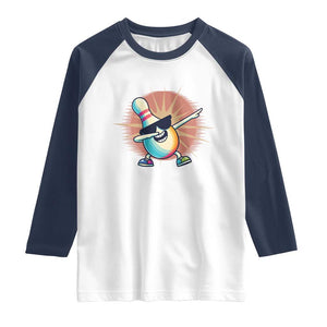 Dabbing Bowling Pin Raglan Shirt Funny Player Gift TS12 White Navy Print Your Wear