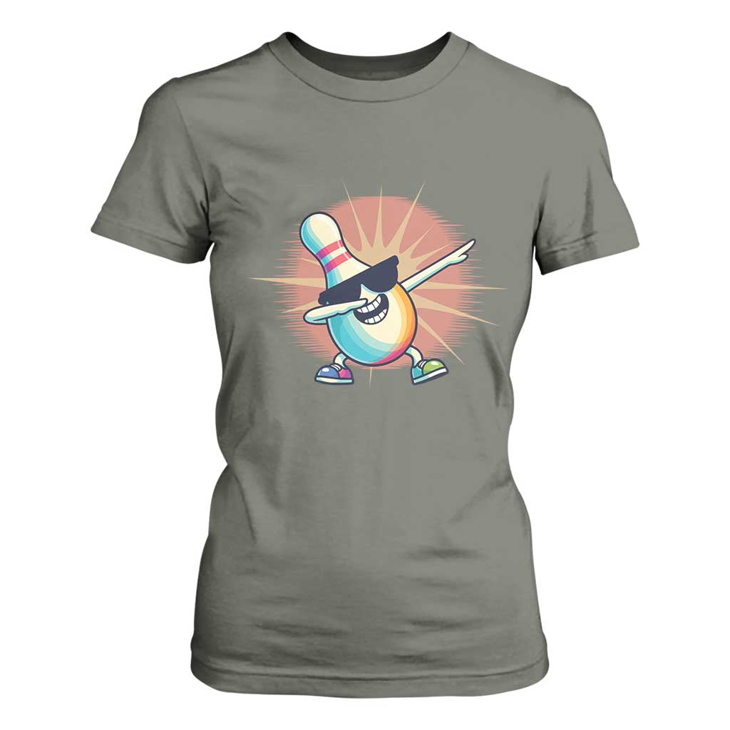 Dabbing Bowling Pin T Shirt For Women Funny Player Gift TS12 Military Green Print Your Wear