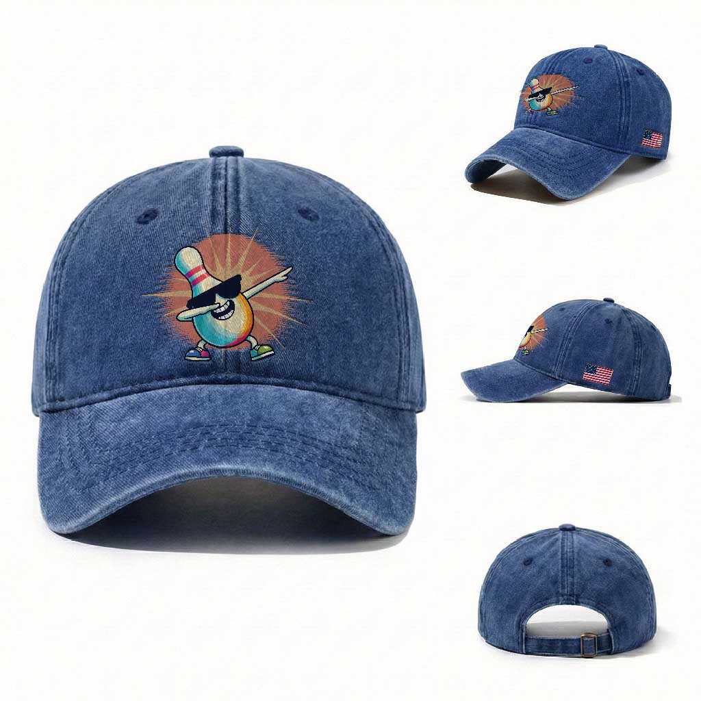 Dabbing Bowling Pin Washed Cotton Baseball Cap Funny Player Gift TS12 Washed Cap Universal Fit Royal Blue Print Your Wear