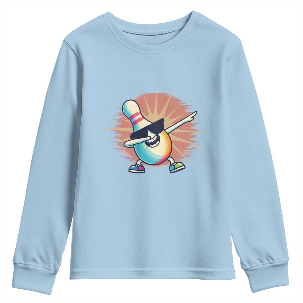 Dabbing Bowling Pin Youth Sweatshirt Funny Player Gift TS12 Light Blue Print Your Wear