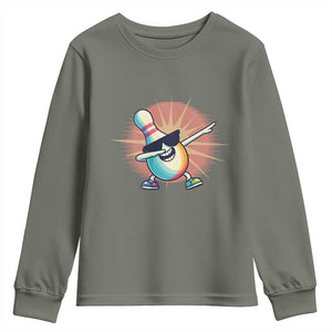 Dabbing Bowling Pin Youth Sweatshirt Funny Player Gift TS12 Military Green Print Your Wear