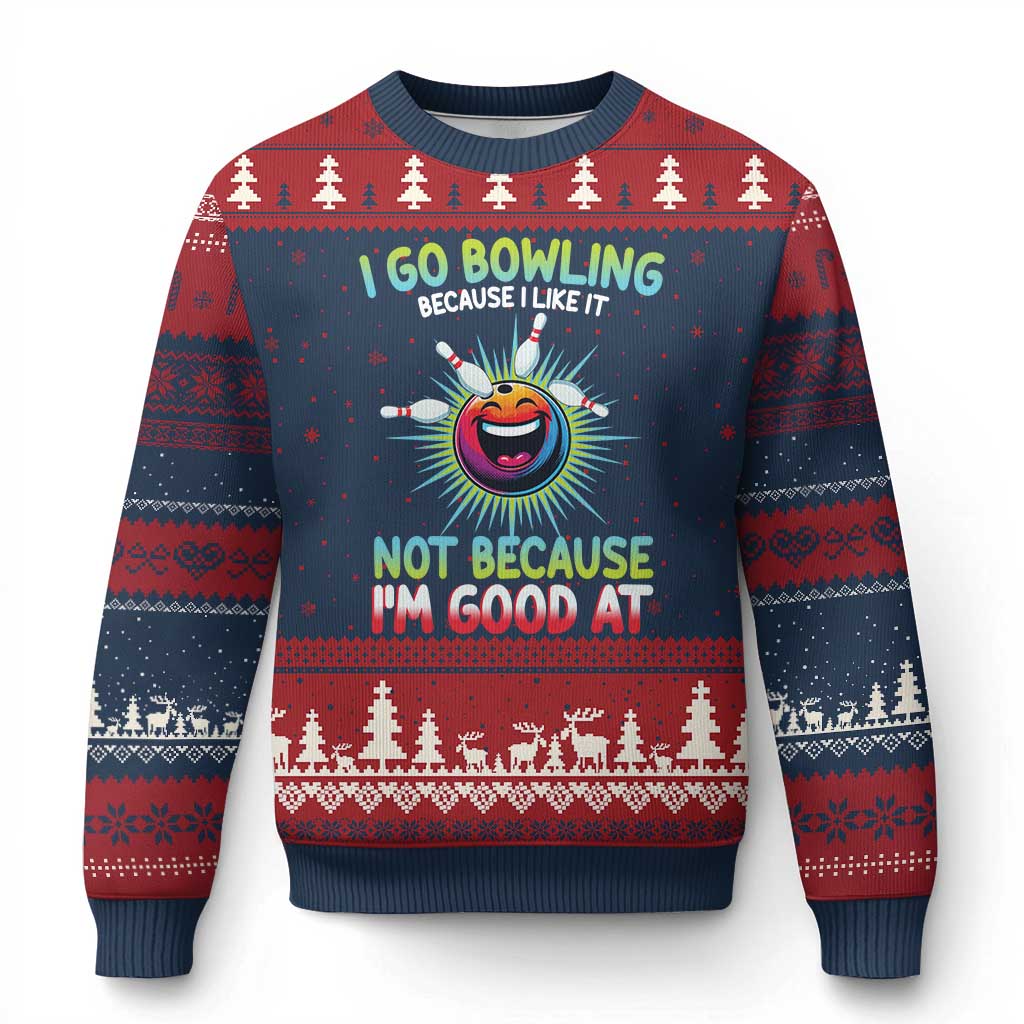 Bowling Humor Gift Ugly Christmas Sweater I Go Bowling Because I Like It TS12 Navy Red Print Your Wear