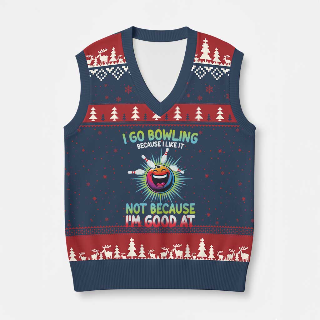 Bowling Humor Gift V-Neck Knit Sweater Vest I Go Bowling Because I Like It TS12 Navy Red Print Your Wear