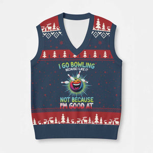 Bowling Humor Gift V-Neck Knit Sweater Vest I Go Bowling Because I Like It TS12 Navy Red Print Your Wear