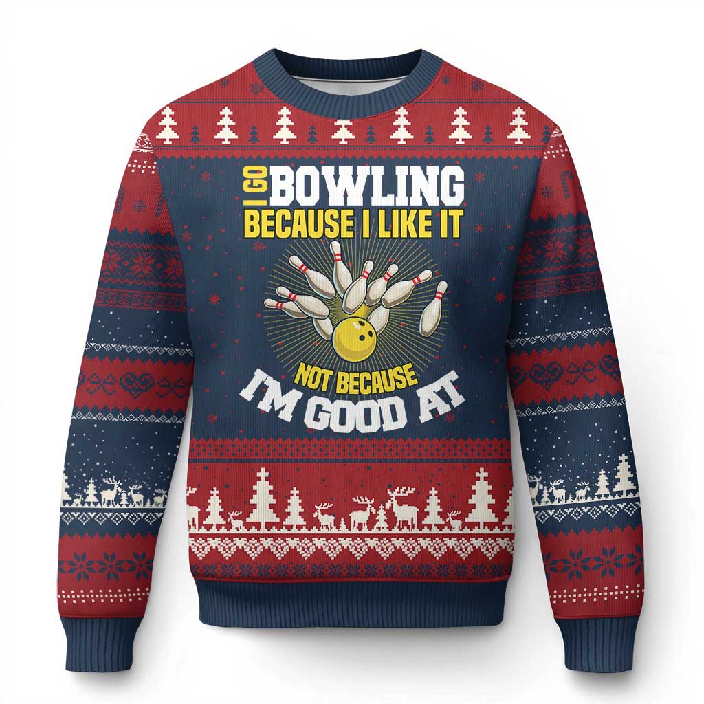 I Go Bowling Because I Like It Not Because Im Good At It Ugly Christmas Sweater Funny Bowling Gift TS12 Navy Red Print Your Wear