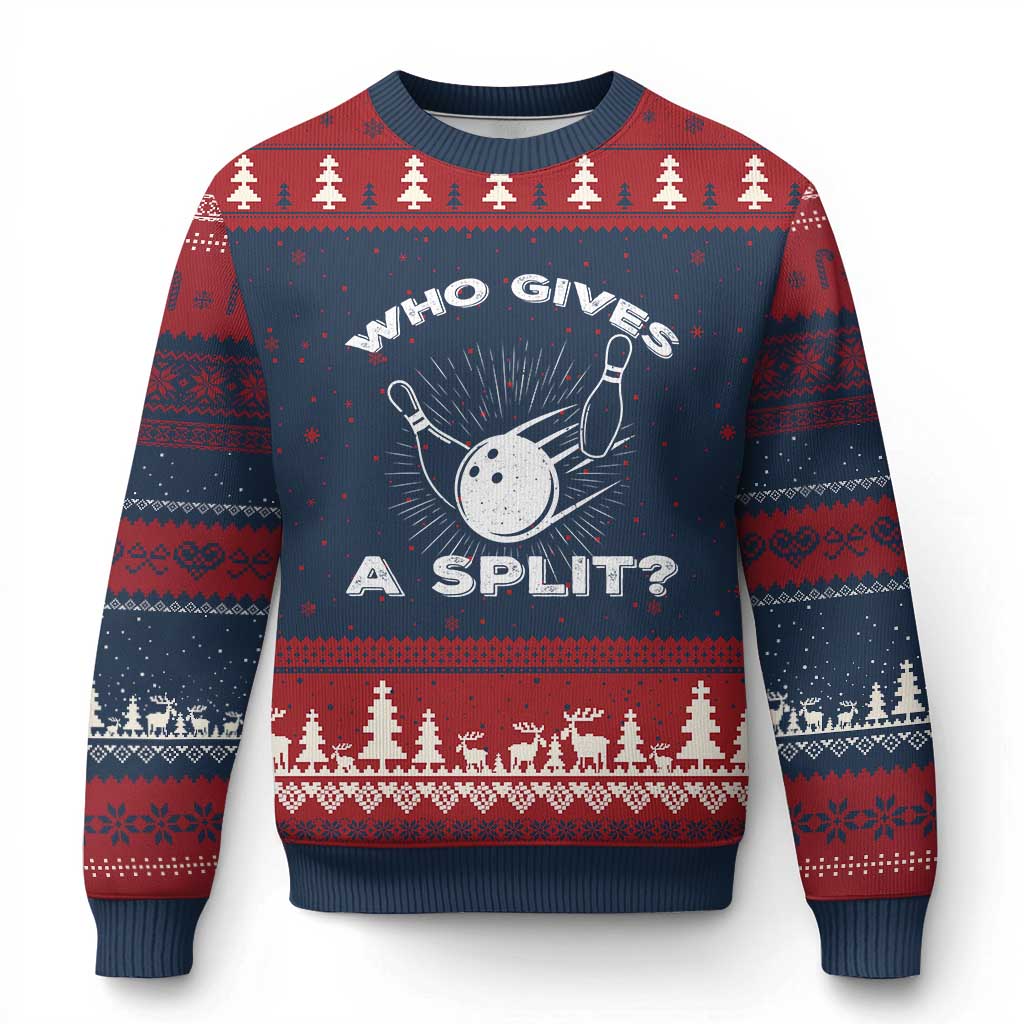 Funny Bowling Team Gift Ugly Christmas Sweater Who Gives A Split Quote TS12 Navy Red Print Your Wear