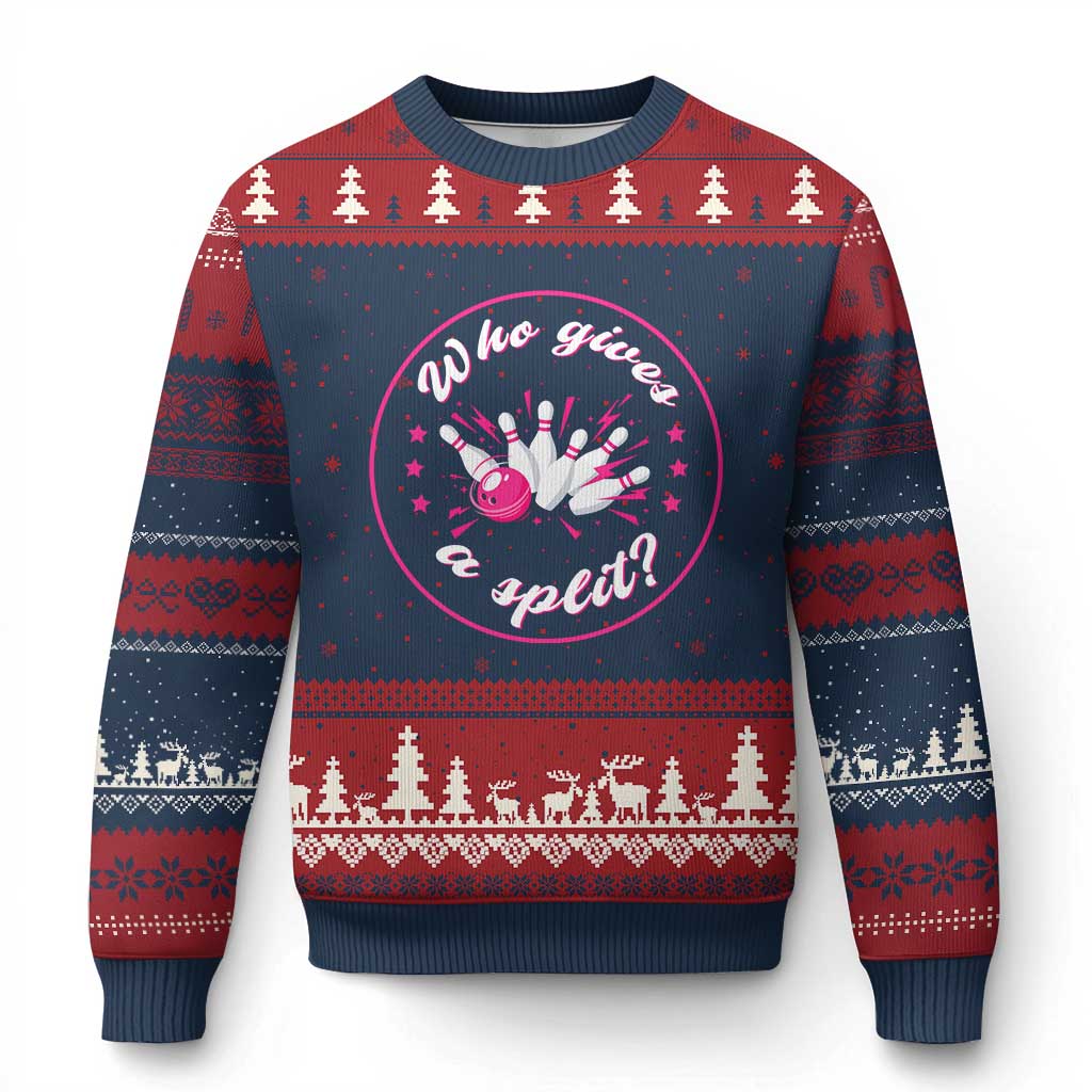 Funny Bowling Quote Ugly Christmas Sweater Who Gives A Split For Women TS12 Navy Red Print Your Wear